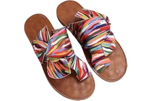 GORGLITTER Women's Rainbow Bow Tie Flat Beach Sandals 2025 Vacation Open Toe Thong Sandals Summer Slides Shoes