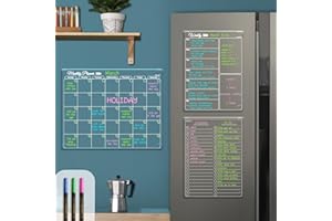 CLEVER CLEAN Clear Non-Magnetic Calendar Set for Fridge - Dry Erase Transparent Monthly, Weekly Calendar and List Board - Sticks to Wall, Glass, Door, Any Smooth Surfaces