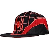 Marvel Spider-Man Flat Brim Baseball Hat, Miles Morales Embroidered Superhero Snapback Cap, Black and Red