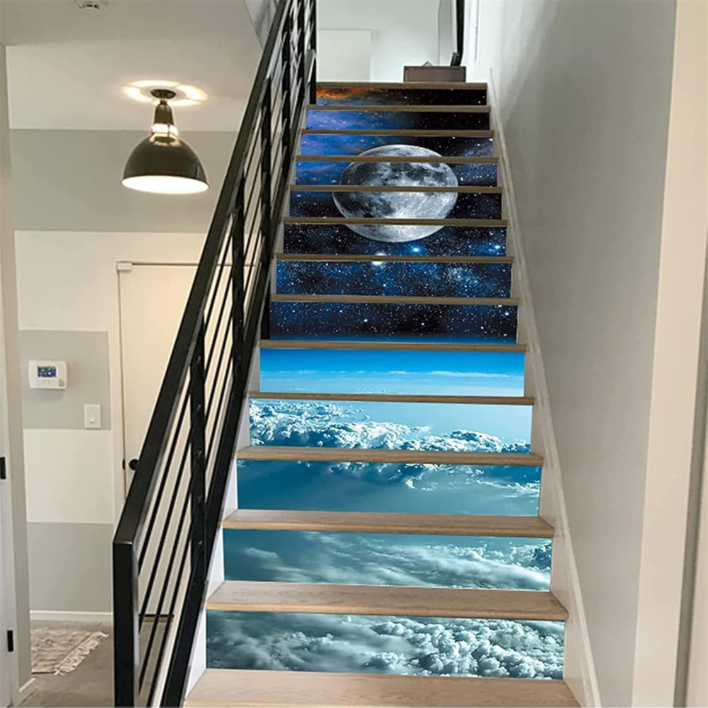 FLFK 13Pcs Cosmic Sky Staircase Sticker Mural 39.37"x7.08" Peel Stick Home Decor