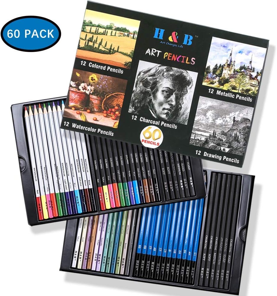 H & B Coloured Pencils and Sketch Pencils 145 Pcs with Sketch Book and Pencils Case,Artist Colouring Pencil Professional Drawing Pencil Set for Children,Artists Adult,Painter Ideal for Sketching Kids