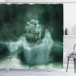 Ambesonne Pirate Ship Shower Curtain, Old Ship in Thunderstorm Digital Artwork Fantasy Adventure, Cloth Fabric Bathroom Decor Set with Hooks, 70
