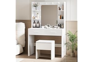 Lilvduybz Vanity Desk with Stool, Makeup Vanity Desk with Mirror and Three Adjustable Light Settings, Bedroom Dressing Vanity