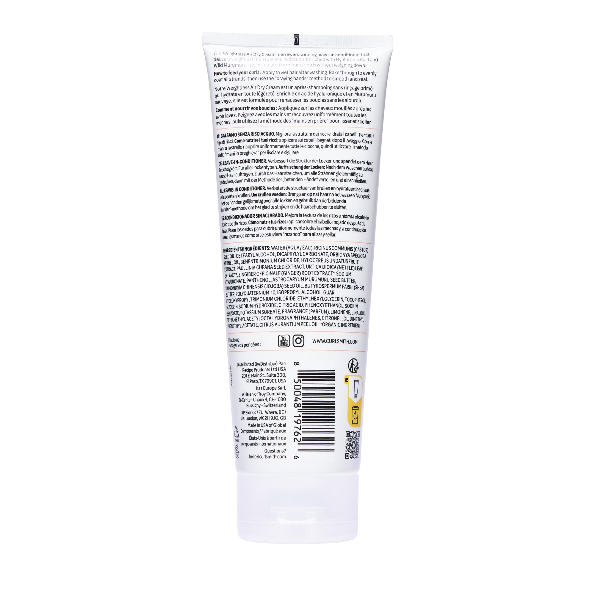 CURLSMITH Weightless Air Cream - Air Dry Curl Cream, Hydrating and Detangling, Best Leave-In for Dry Curly Hair, For All Curl Types, Vegan & Cruelty Free