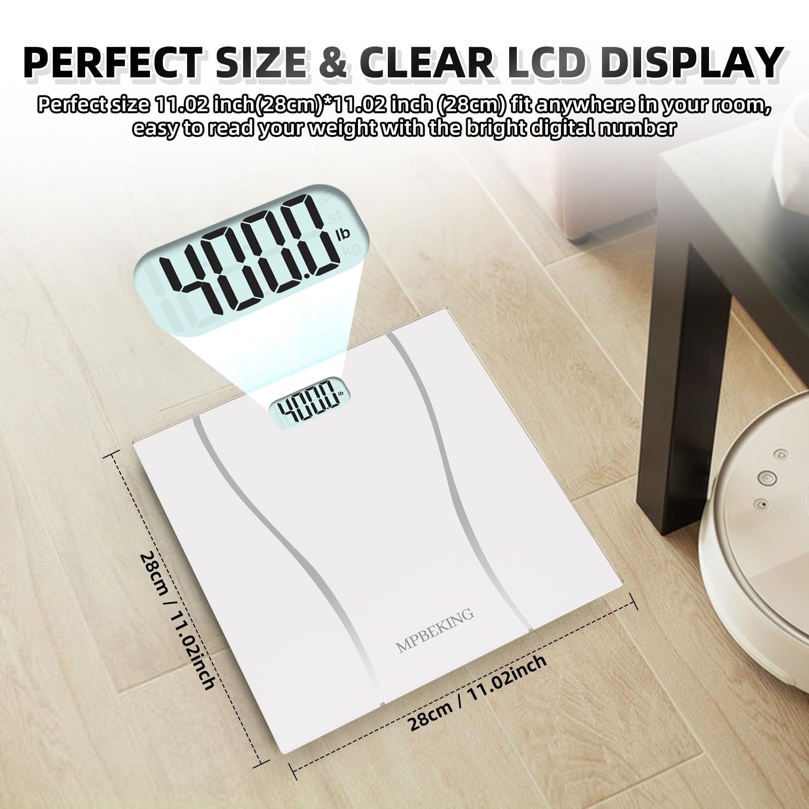 Weight Scale, MPBEKING Scale for Body Weight Highly Accurate Digital Bathroom Scale Weighing Machine Measures Weight up 400 lb/180kg with Lighted LCD Display Battery & Tape Measure