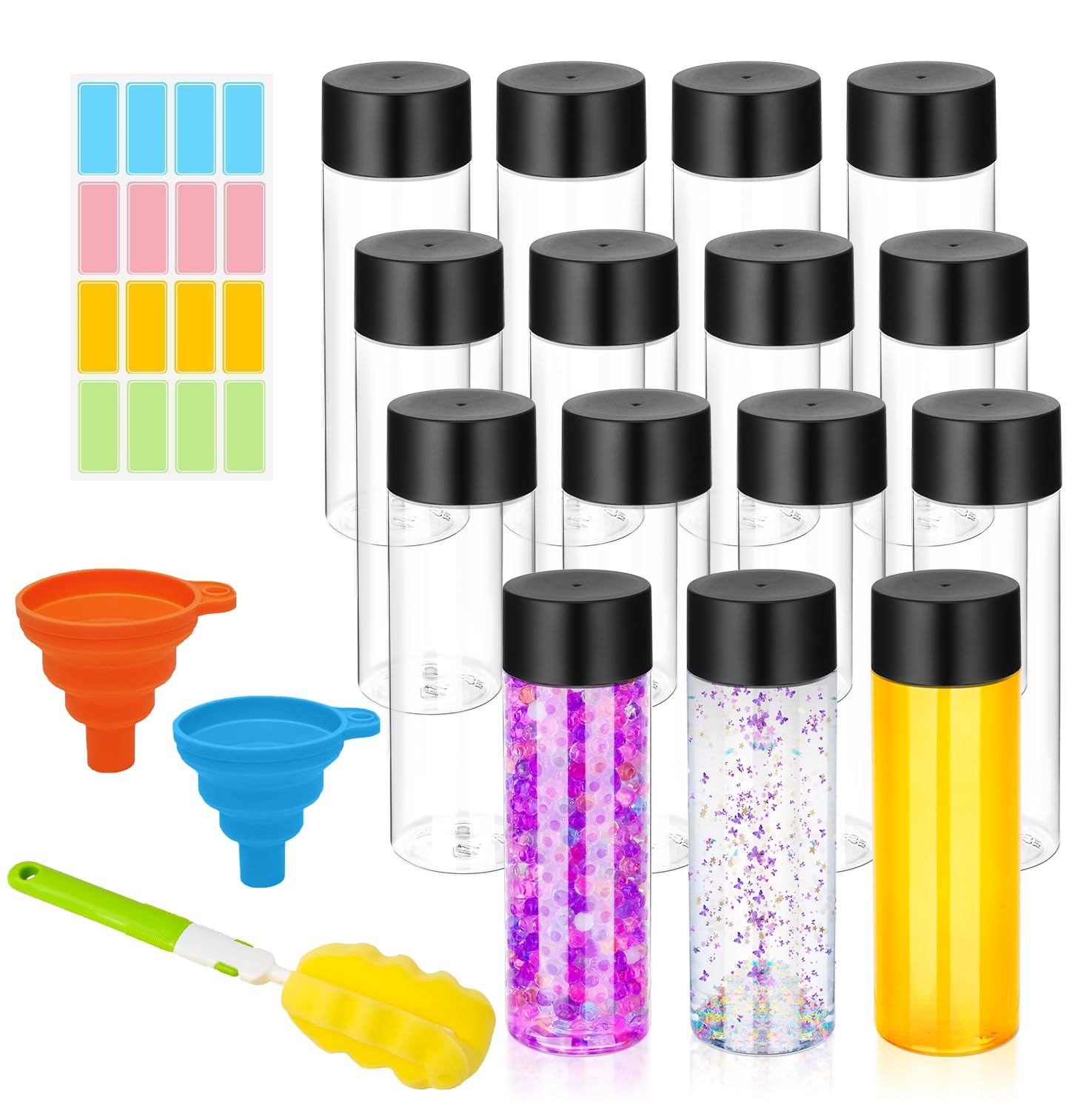 Photo 1 of 16 Pcs Clear Plastic Bottles 12 Oz Empty Sensory Bottles with Caps, Reusable Juice Bottle Drink Container Water Bottle for Making Classroom Sensory Bottles Tubes Toys (Black Lid, 12 oz/ 350 ml)