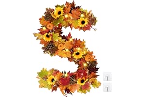 Waipfaru Fall Garland with Lights - 5.7 Ft/Piece Lighted Sunflower Autumn Leaves Garland with Berry Pumpkin Decoration, Fall Flower Garland for Wedding Outdoor Mantle Thanksgiving Decor (1Pcs)