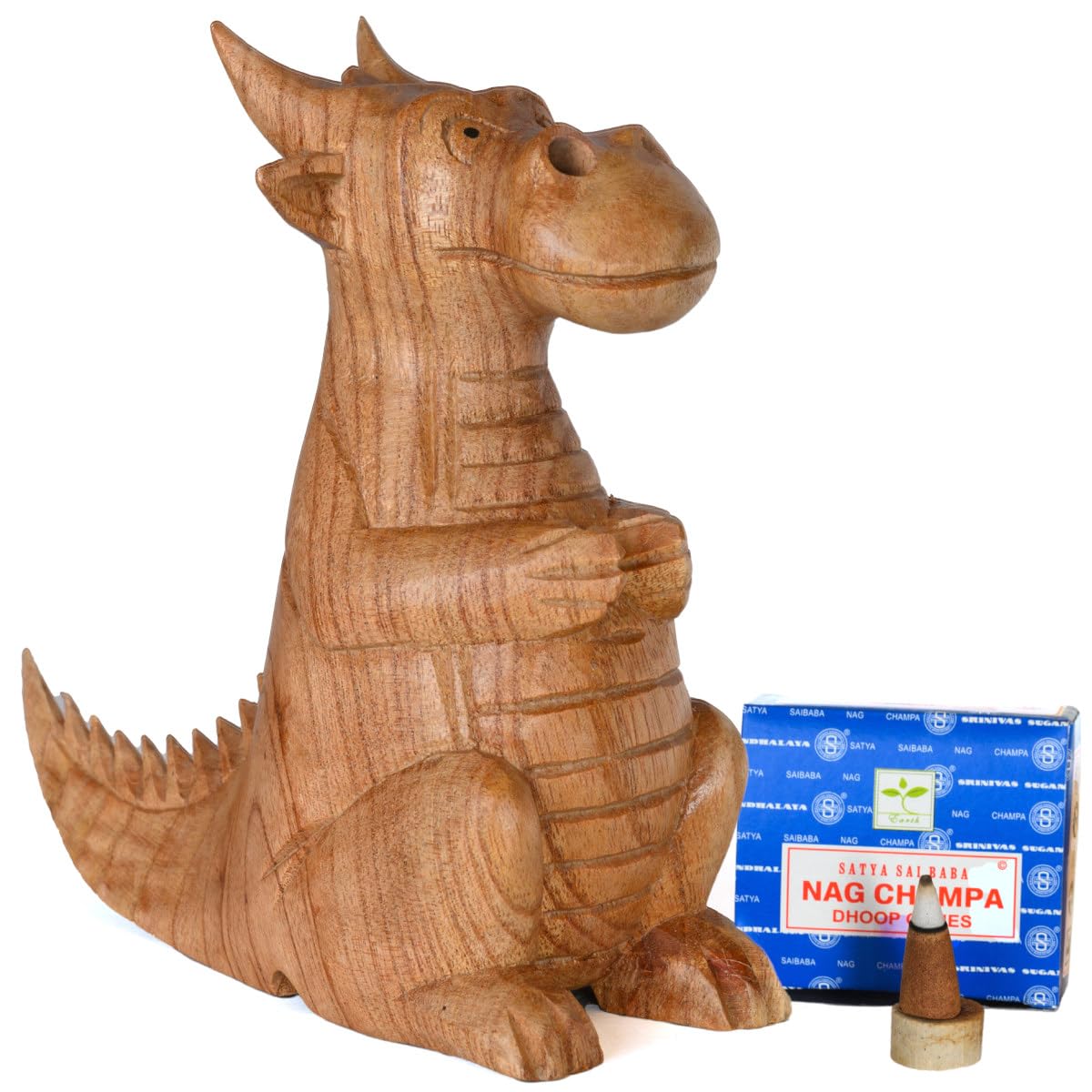 Hand Carved Wooden Dragon Incense Cone Burner with 12 Nag Champa Insense Cones - Smoking Dragon from Nostrils