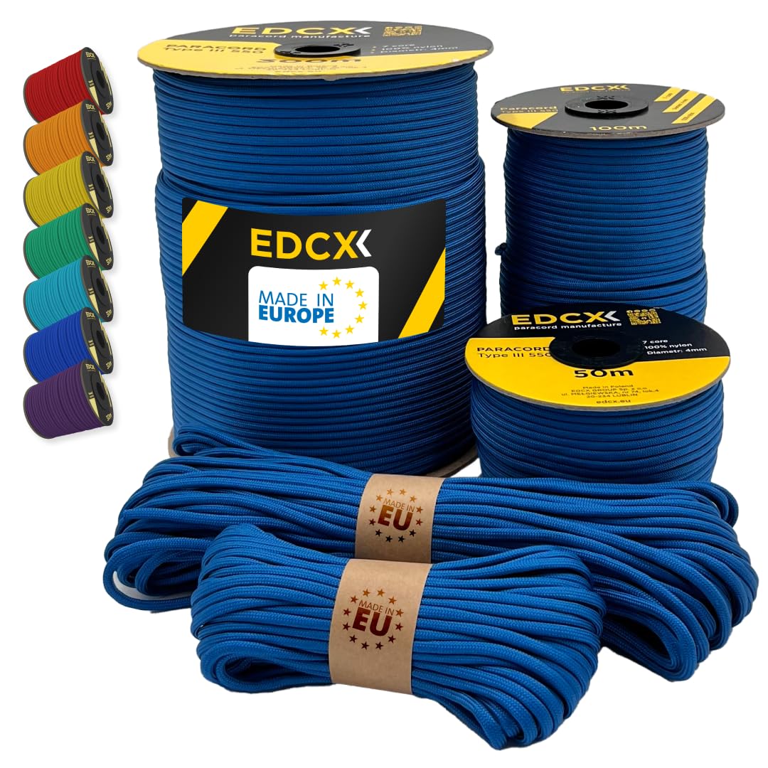 EdcX Paracord 4mm, 35+ Solid Colors (10m, 15m, 30m, 50m, 100m, 300m) | Ideal for Crafting, DIY, Camping, Survival, Outdoor | 100% Nylon Rope 4mm | Tactical Cord 550 Type III (Turquoise, 10 m)