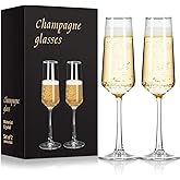 Ocean ice Glass Champagne Flutes Glass, Champagne Glasses Set of 2, Stemmed Mimosa Glasses 9oz, Hand Blown Champagne Flutes, Prosecco Glasses, Gifts for Weddings, Dishwasher Cleaning Christmas