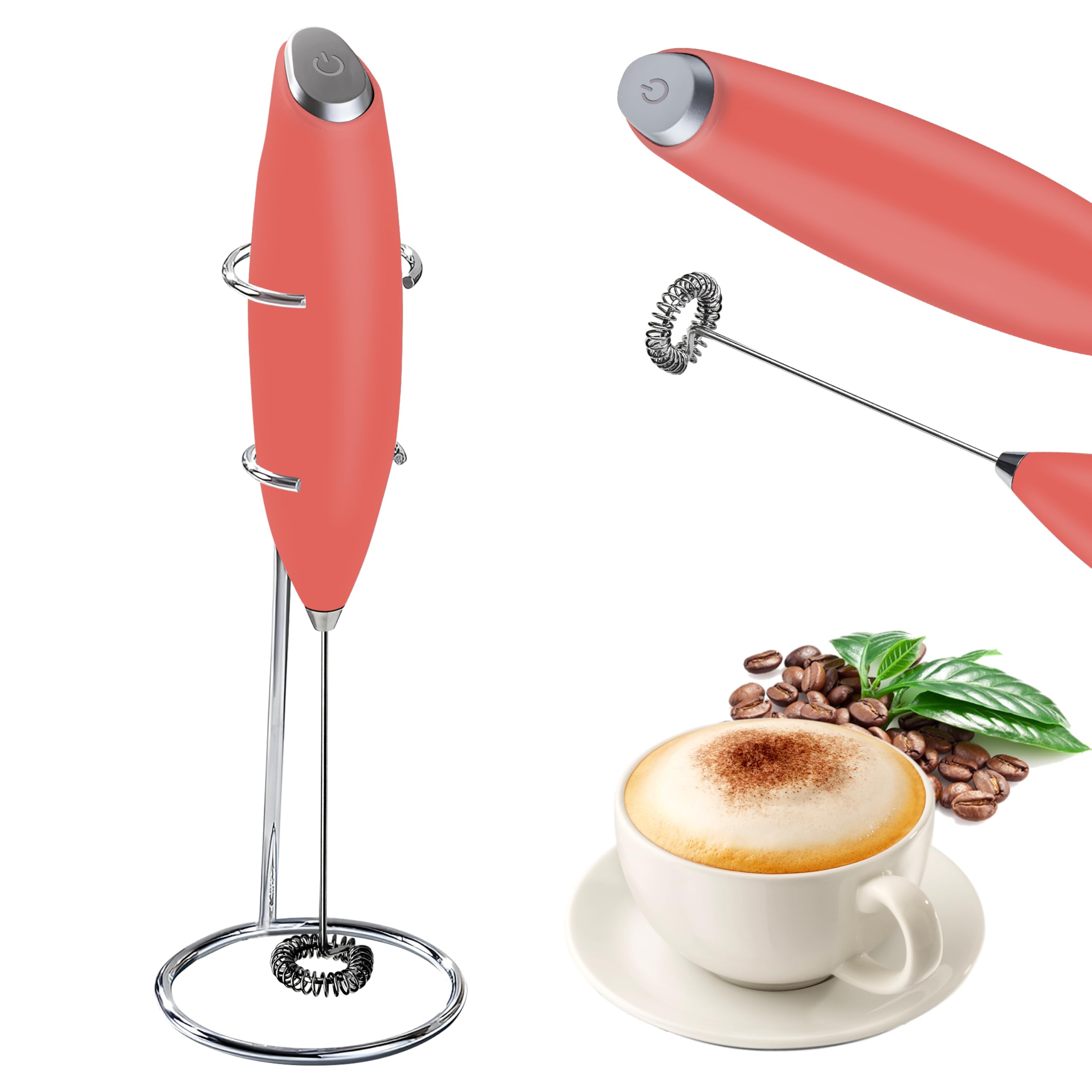 Electric Milk Frother Handheld Mini Foamer with Base Coffee Maker Egg Beater for Chocolate Cappuccino Frappe Stirrer Portable Blender Whisk Tools (Pink)