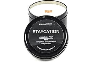 Anchored Northwest - Staycation Travel Tin Candle, 6oz Black Metal Tin, American Cedar Wood Wick, Hand Poured, Essential Oil Blend 100% Soy Wax, 35+ Hour Burn