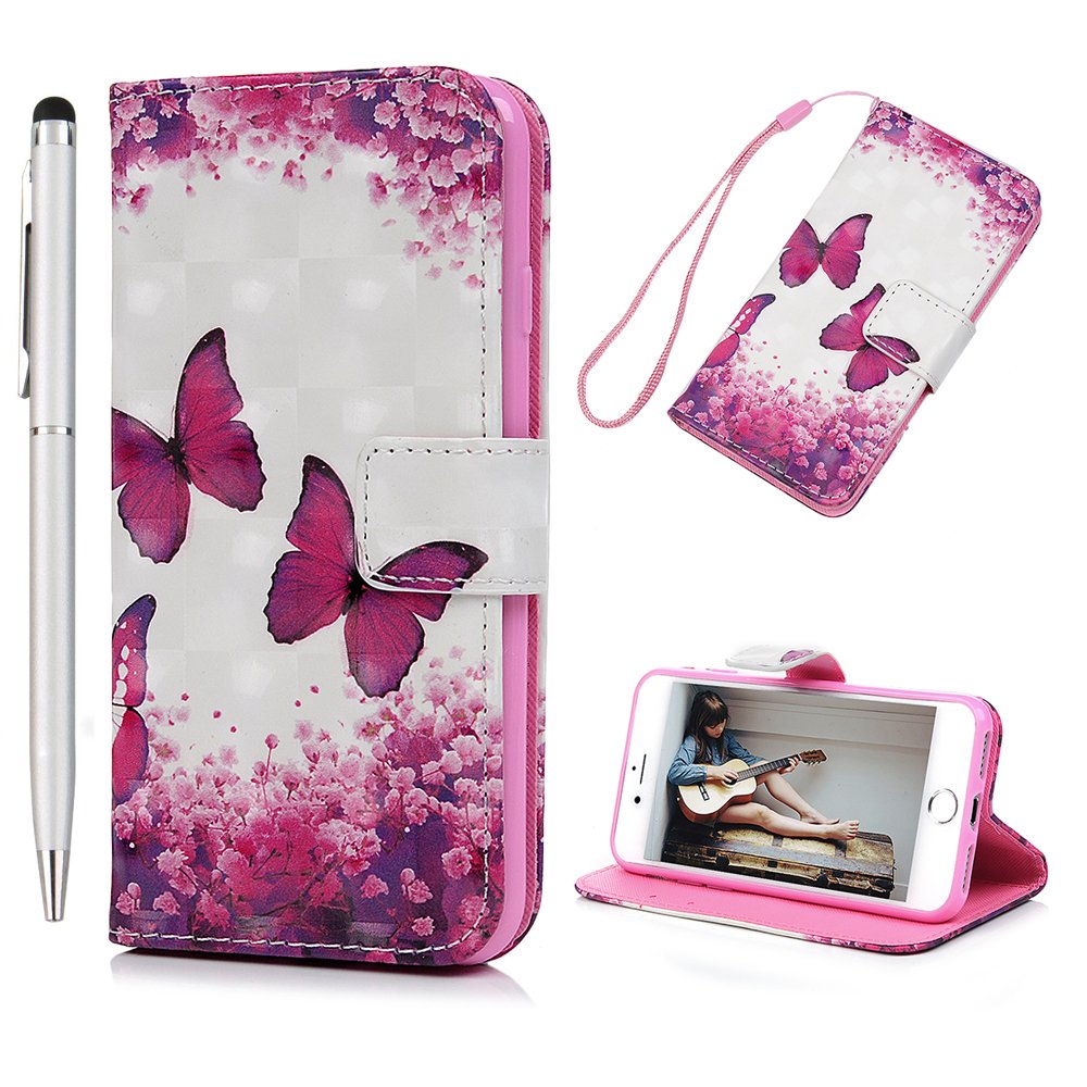 iPhone SE 2022 Case iPhone SE 2020 Case iPhone 7 Case iPhone 8 Cover Protective iPhone SE 3rd 5G Phone Case iVOYI 3D PU Leather Wallet Flip Stand Magnetic Card Holder & 1 Touch Pen, Pink Butterfly