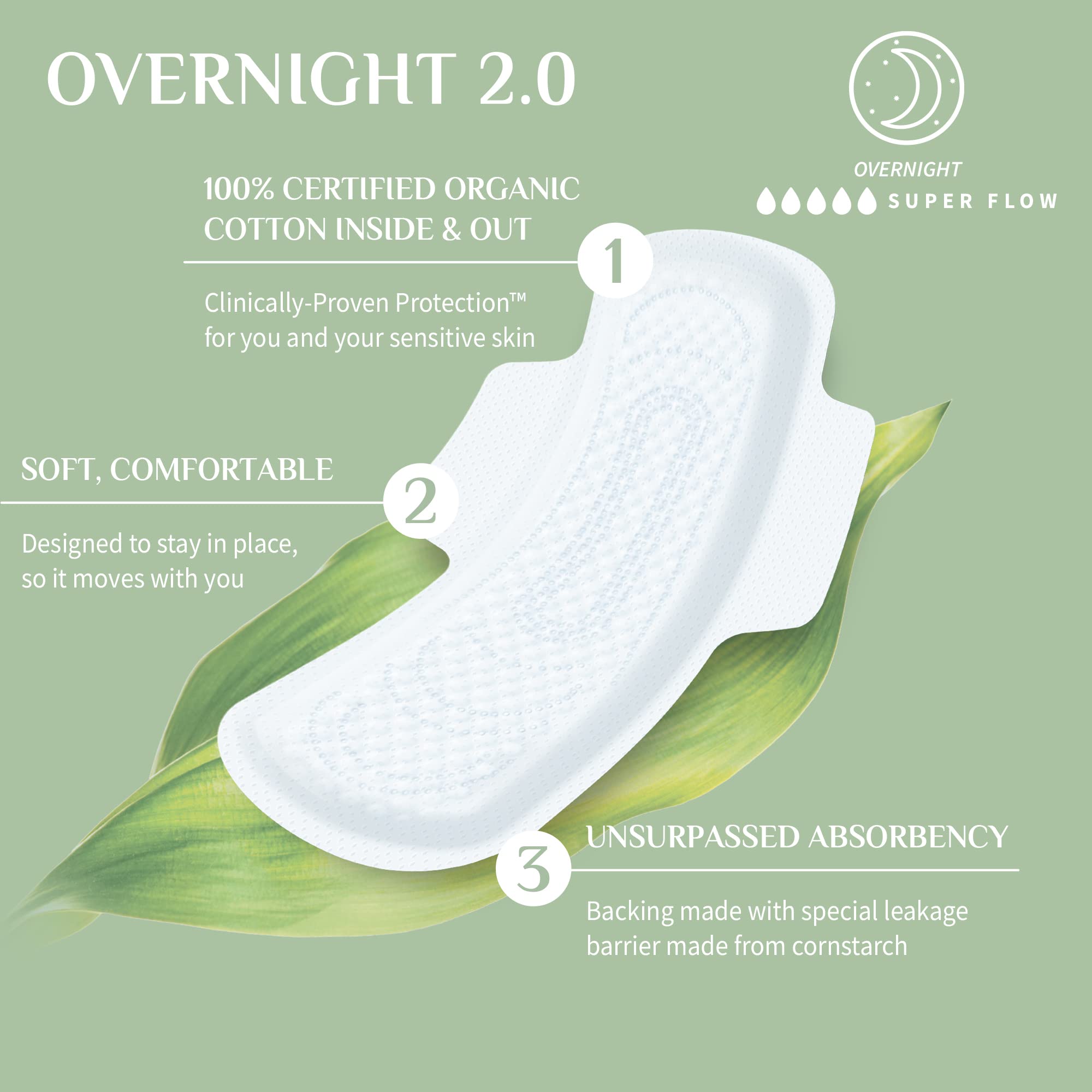 Organyc New and Improved 100% Certified Organic Cotton Inside and Out Overnight Feminine Pads, Heaviest Flow, Super Absorbency 2.0, 7 Count