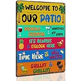 Welcome To Our Patio Signs Proudly Serving Whatever You Bring Rustic Aluminum Metal Sign for Porch Plaque Outdoor Decor 8 x 12 inch