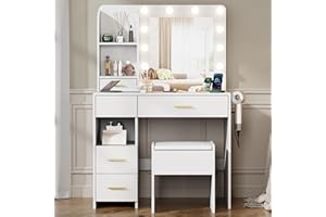 Furnivado Vanity Desk with Mirror and Lights, 3 Adjustable Lighting Makeup Vanity Desk with 3 Storage Shelves, 5 Large Drawers and Power Outlet, Vanity with Chair for Bedroom, White