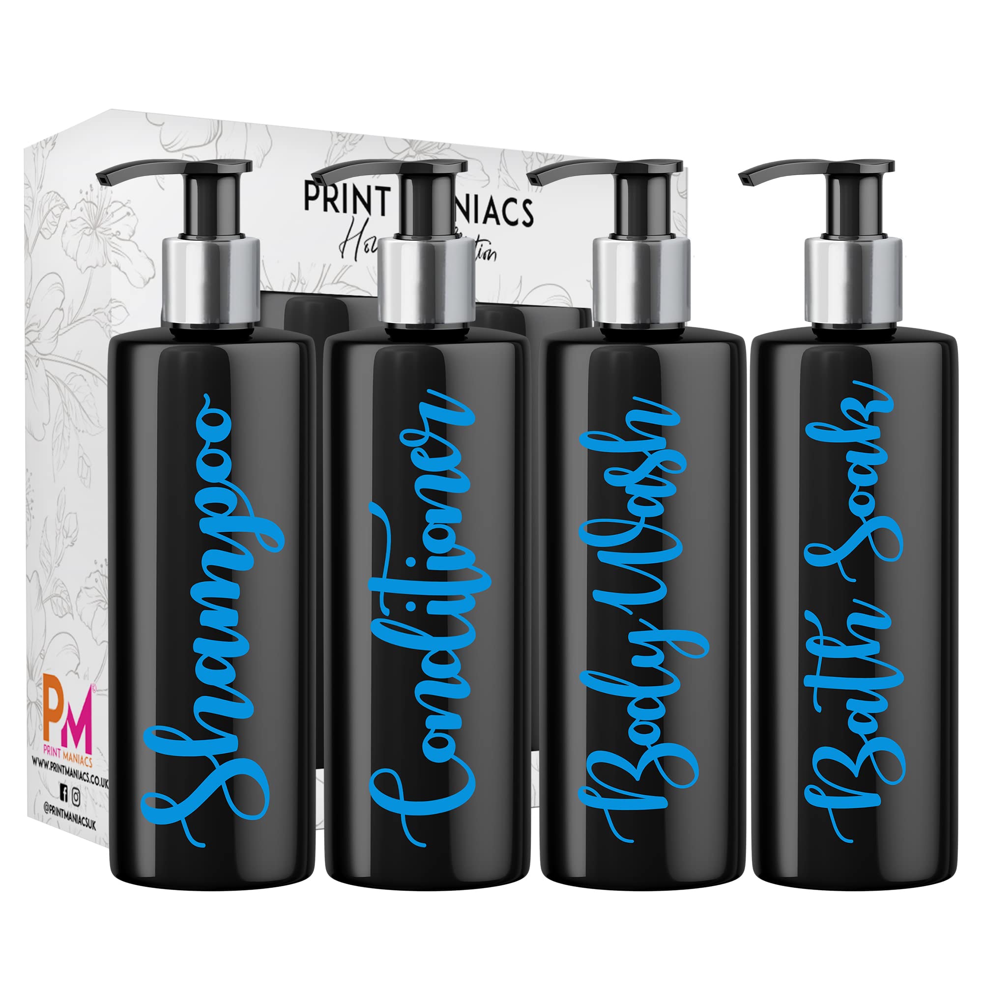 Print Maniacs Mrs Hinch Inspired Black Personalised Pump Bottles Bathroom Kitchen Set Shampoo Conditioner (Blue)