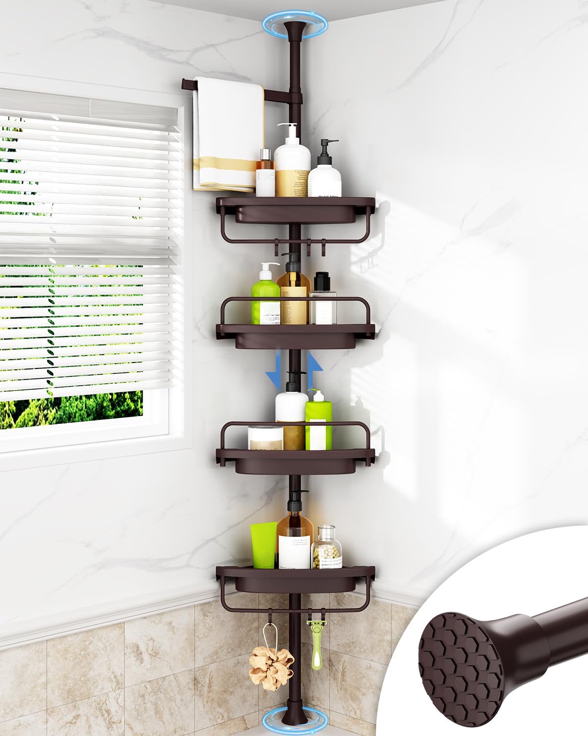 Photo 1 of ALLZONE Rustproof Shower Caddy Corner for Bathroom, Bathtub Storage Organizer for Shampoo Accessories, 4-Tier Adjustable Shelves with Tension Pole, Fit Height 34 to 116 Inch, Brown