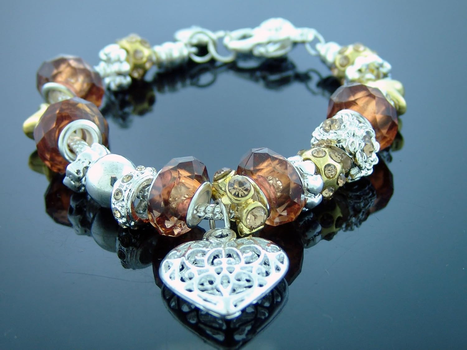 Fashion European Design Lovely Beads Charm Bracelet 925 Silver Heart Brown Color