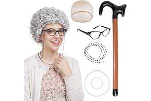 cnomg Old Lady Wig Set Grandma Wig Costume Grandma Granny Costume with Glasses Cap Cane Pearl Necklace Bracelet