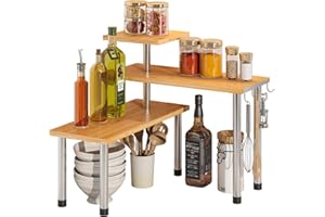 BMOSU Kitchen Corner Shelf Countertop Organizer with Hooks Adjustable Spice Rack Corner Display Rack Shelf Cabinet Counter Shelves(Bamboo)