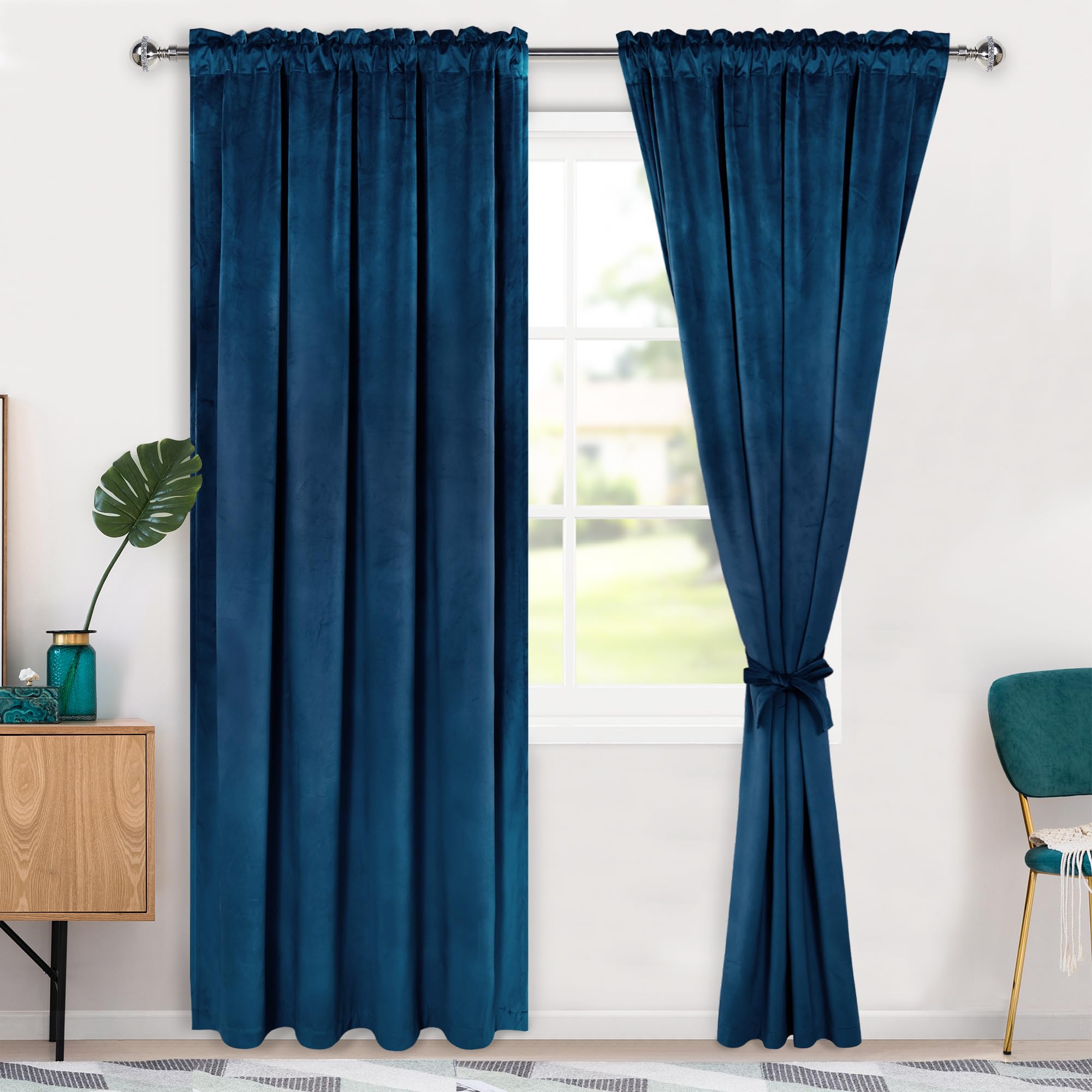 Hiasan Velvet Curtains 84 inches-Blackout Thermal Insulated Solid Soft Curtains for Bedroom Living Room Rod Pocket Room Darkening 2 Panels Window Drapes with Tiebacks, 52W x 84L, Navy Image