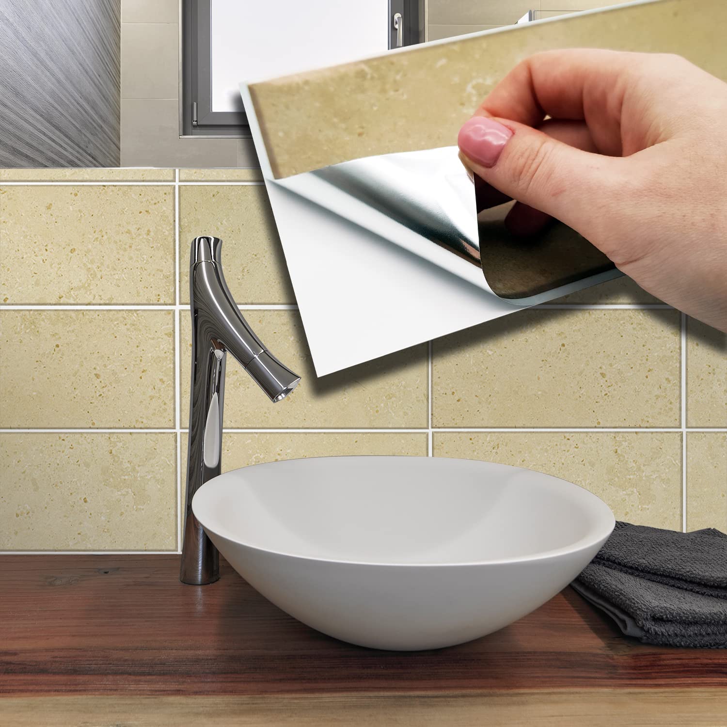 WALPLUS 28.5x14cm@12 pcs Beige Travertine Wall Tile Sticker Backsplash Tile Paint Stick on Tiles Peel and Stick Self Adhesive Wall Tiles Stickers for Kitchen Bathroom Tile Transfer