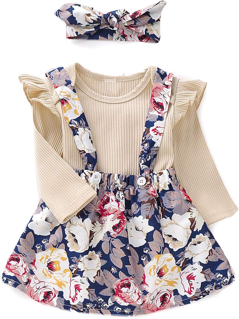 mtxtechnology Toddler Girl Fall Outfits Beige Romper Floral Suspender Skirt Bowknot Headband Clothes Set