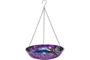 KEYGIFT Hanging Bird Bath for Outdoor 11 Inch Colorful Purple&Blue Metal Bird Feeder Birdbath Bowl Mounted Rust-Proof Black Chain Metal Dragonfly Yard Art Garden Decor