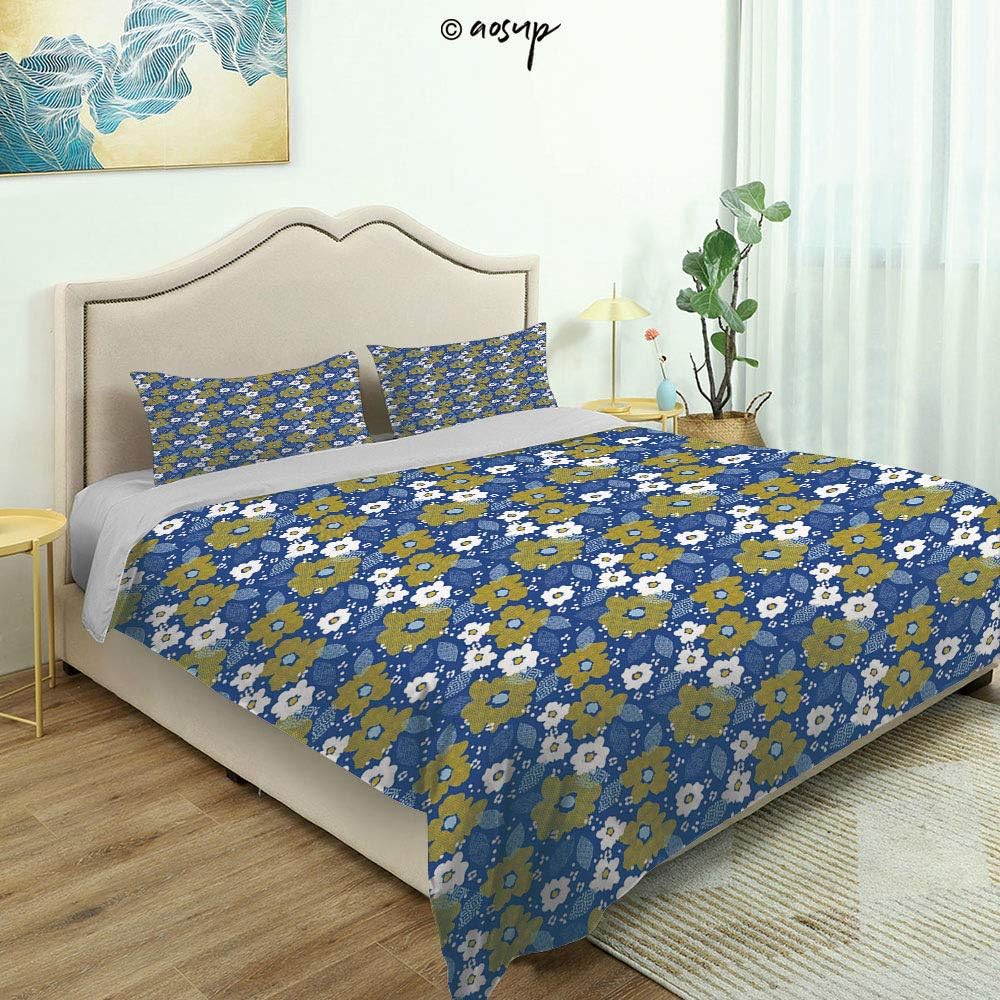 Homenon Bedding Sheet Modern Bed Sets Floral Gaps and Dashes Brush for Teen 3 Pieces (1 Quilt Cover, 2 Pillowcases) (Queen)