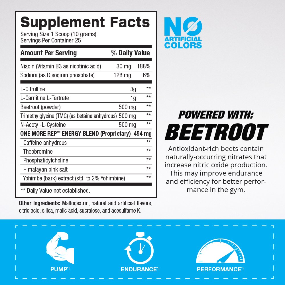 BPI Sports One More Rep Pre-Workout Powder - Increase Energy & Stamina - Intense Strength - Recover Faster - Beetroot - Carnitine - Citrulline - 0 Calorie - 25 Servings - Fruit Punch 8.8 Ounce (Pack of 1)