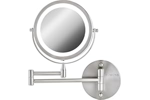 OVENTE 7" Lighted Wall Mount Makeup Mirror - 1X/ 10X Magnification, Battery Powered Glow Cosmetic Light up, Spinning 360-Degree, Double Sided LED, Extendable, Folding Arm, Nickel Brushed MFW70BR1X10X