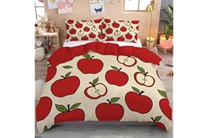 Hand-Drawn Illustration Style Duvet Cover Set Queen 90"x 90", Reversible Cartoon Apple Bedding, Soft Fabric Quilt Cover with 