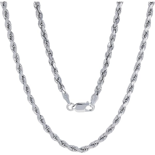 Nuragold 10K Real White Gold 3mm Solid Rope Chain Diamond