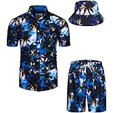 TUNEVUSE Mens Hawaiian Shirts and Shorts Set 2 Pieces Beach Outfits Flower Print Summer Tropical Suit with Bucket Hats