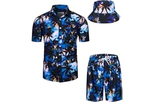 TUNEVUSE Mens Hawaiian Shirts and Shorts Set 2 Pieces Tropical Outfit Flower Print Button Down Beach Suit with Bucket Hats