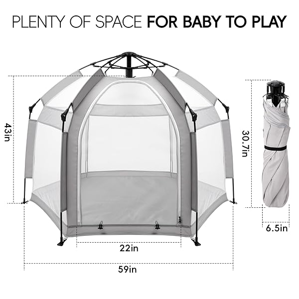 PALOPALO POP UP BABY PLAYPEN WITH UPF50+ CANOPY & MAT, INDOOR & OUTDOOR FOLDABLE PLAY PEN FOR BABIES AND TODDLERS, PORTABLE BABY BEACH TENT WITH TRAVEL BAG, POP UP PACK AND PLAY YARD, GREY