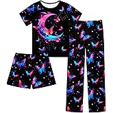 uideazone Girls Pajamas 3 Piece Set Cute Sleepwear Short Sleeve Shirt Pants Shorts Pjs Set 7-14 Years