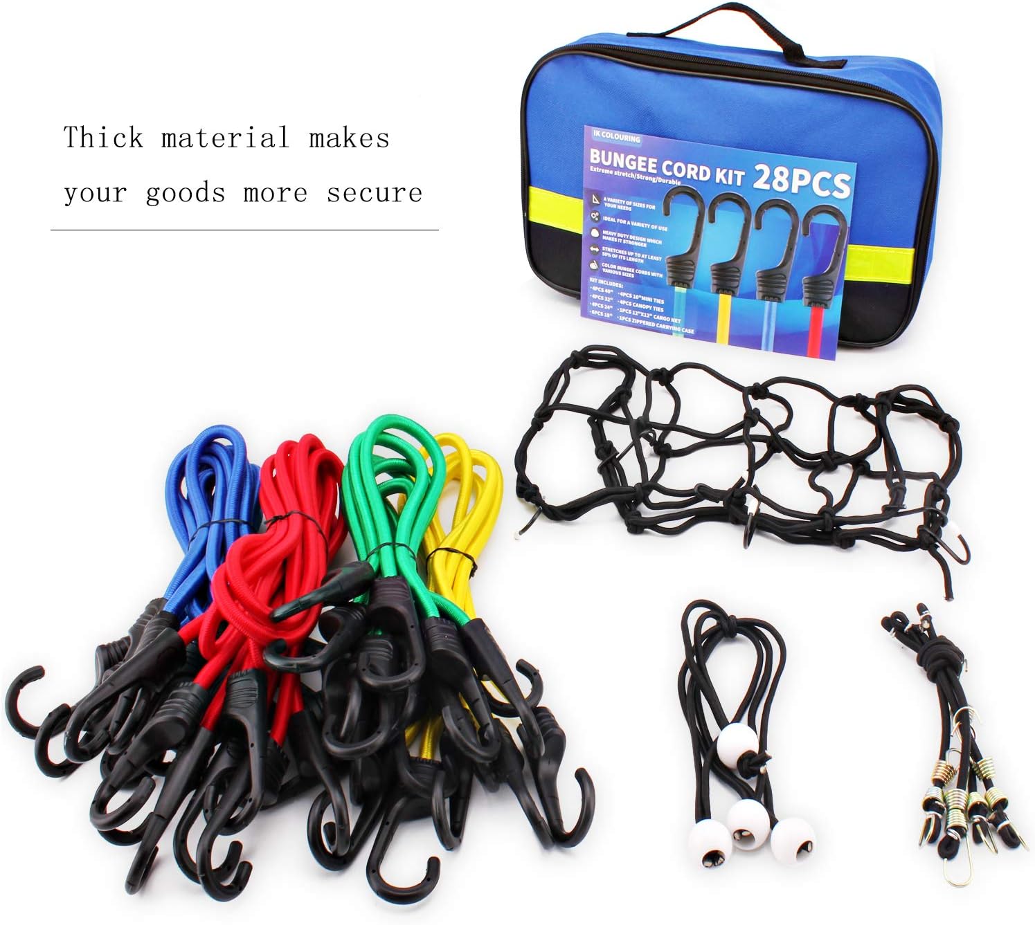 Bungee Cords Set with Hooks, 28pc Bungee Cord kit Heavy Duty with Storage Bag, Bonus Cargo Net, Includes 40”,32”,24”,18”,10” Bungee Cords and Canopy Ties&Ball Bungees, with Plastic Coated Metal Hooks: Automotive