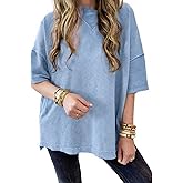 KevaMolly Womens Oversized Tshirts Tops Short Sleeve Mineral Wash Exposed Seam Drop Shoulder Tee Casual Solid Tshirt