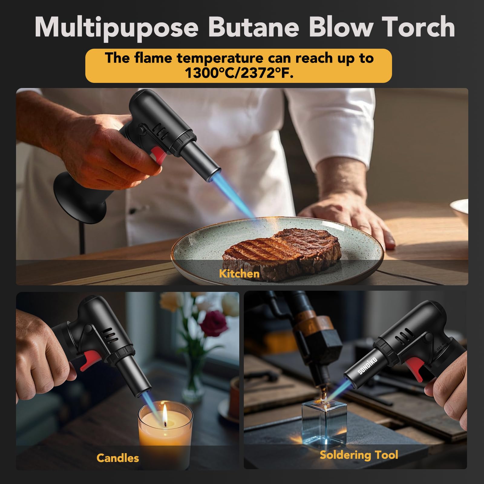Sondiko Butane Torch with Fuel Gauge, Refillable Soldering Torch with Adjustable Flame for Welding, Resin Art, Industrial(Butane Gas Not Included)