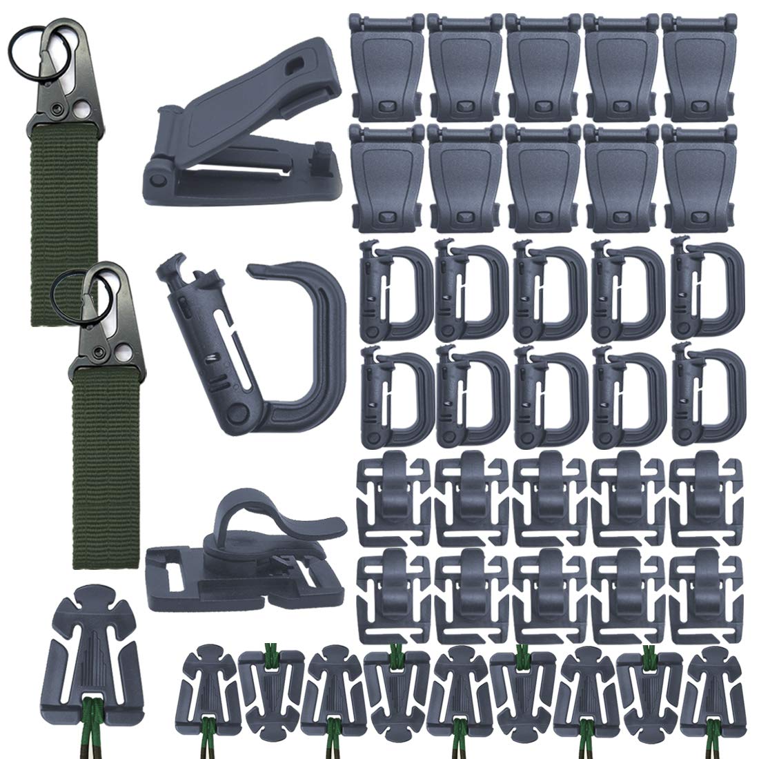 42 PCS Tactical Gear Clip Molle Webbing Attachments for Tactical Bags Backpack Vest - 2 Molle Key Ring - 10 Multipurpose D-Ring Locking Water Tube Clip Web Dominator Buckle with Elastic String (Green)