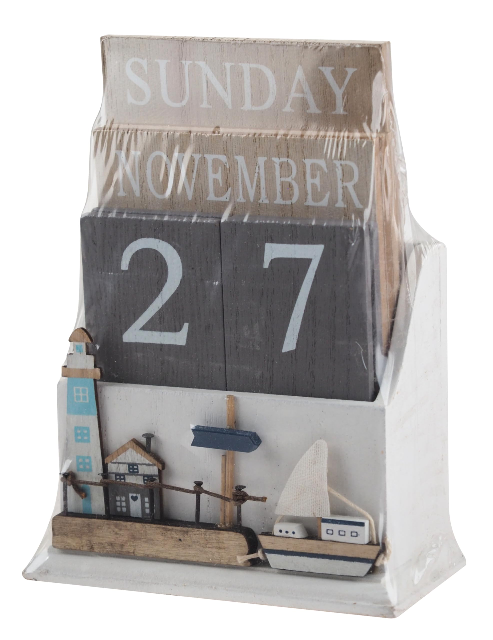 SiL Interiors Nautical Wooden Perpetual Calendar Desk Top Eternal Calendar Block - Boat