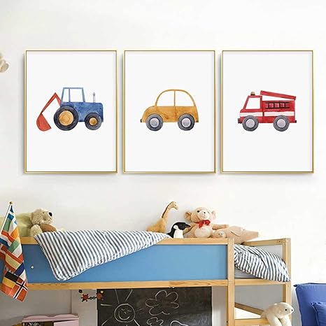 Amazon ウォールアートキャンバス絵画かわいいマシンボーイズブルートラクター消防車ギフトポスターとプリントキッズルームの家の装飾75x90cmx3ピース非フレーム アートフレーム ポスター オンライン通販