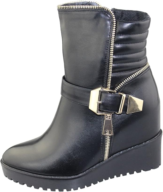 Womens Wedge Heel Ankle Boots Ladies Chelsea Buckle High Top Casual