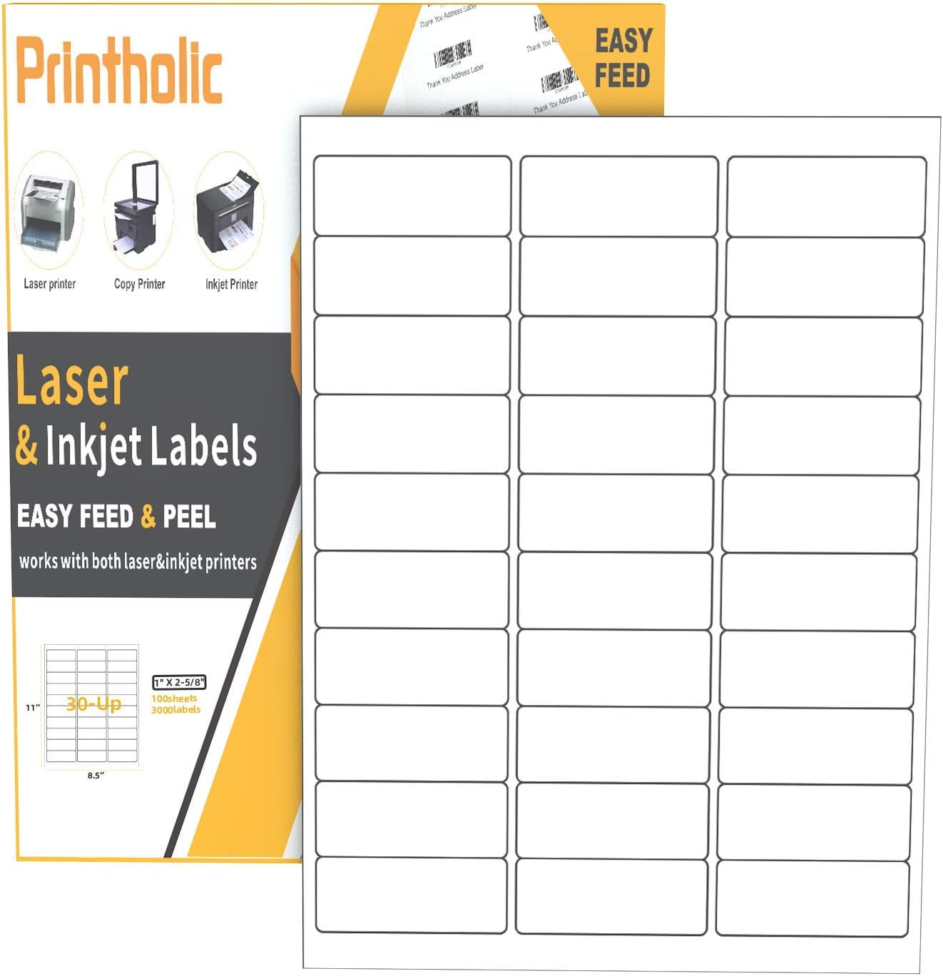 Printholic 30-Up Shipping Labels 1" X 2-5/8" Address Mailing Sticker Self Adhesive for Laser & Inkjet Printers (100 Sheets, 3000 Labels) : Office Products
