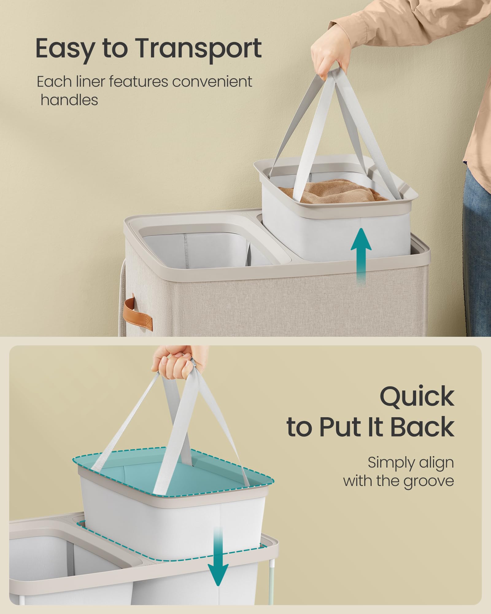 SONGMICS Laundry Basket, 44.9 Gal. Laundry Hamper, 2 Compartments, Easy Assembly, with Lid and Handles, Removable Inner Bags, 22 x 15.7 x 29.5 Inches, Cappuccino Beige ULCB813L01