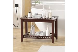 Forevich Bamboo Shower Bench Chair Bathroom Stool Seat with Storage Shelf for Insider Shower Bathtub Seniors Adults Brown