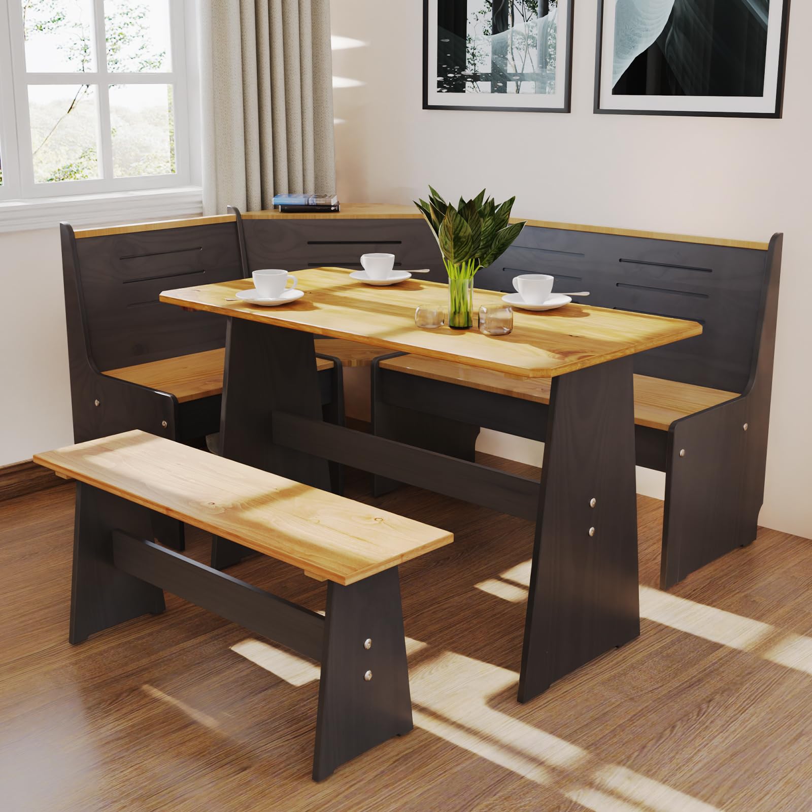 Photo 1 of **SCRAPES/SCRATCHES**Breakfast Nook Table Set - Corner Kitchen Dining Table Set for 4-6 People, Solid Pine Wood Modern Farmhouse Dining Room Set with L-Shaped Bench, Space-Saving for Small Spaces & Apartments, Black
