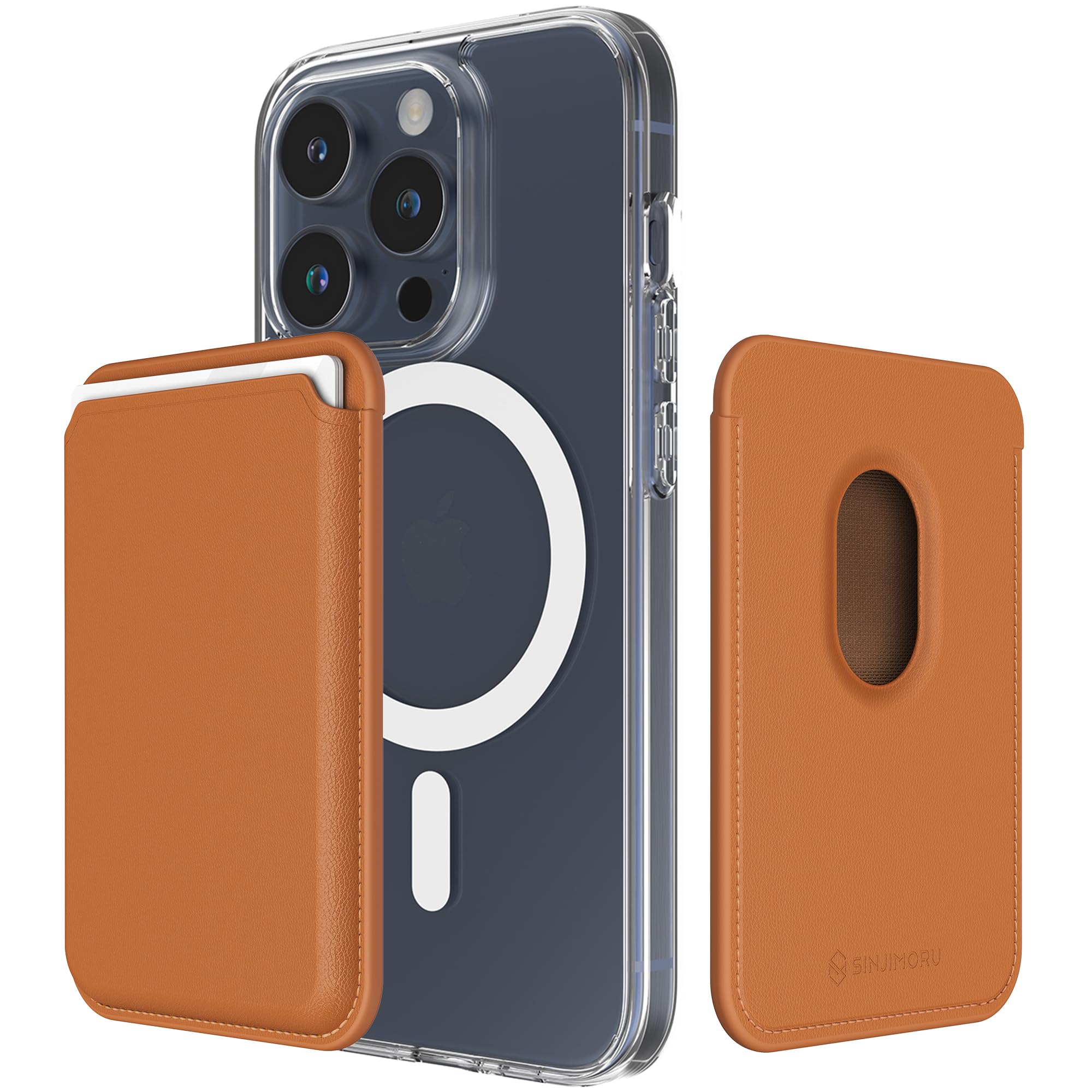 Sinjimoru Magnetic Card Wallet, Premium Vegan Leather Phone Wallet for MagSafe 3-Card Holder Compatible with iPhone 15 Plus Pro Max 14 13 12 Series. M-Viica Golden Brown